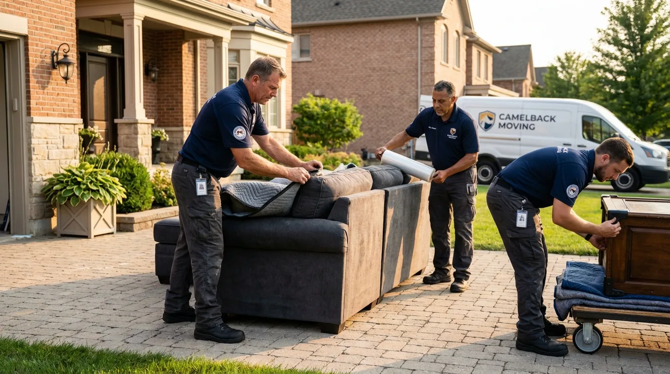 Large estate moving crew wrapping furniture in Port Jefferson, NY