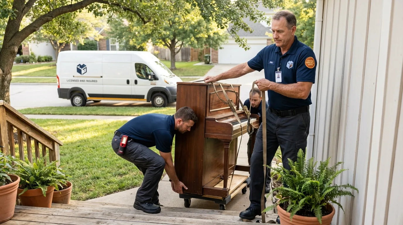 Licensed piano movers securing grand piano in Port Jefferson, NY