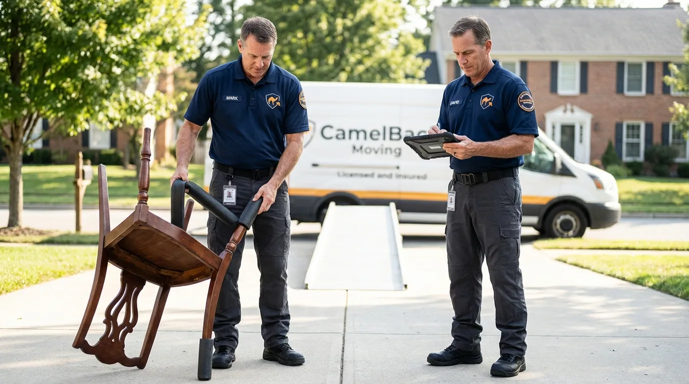 Movers inspecting furniture for damage prevention before loading in Port Jefferson, NY
