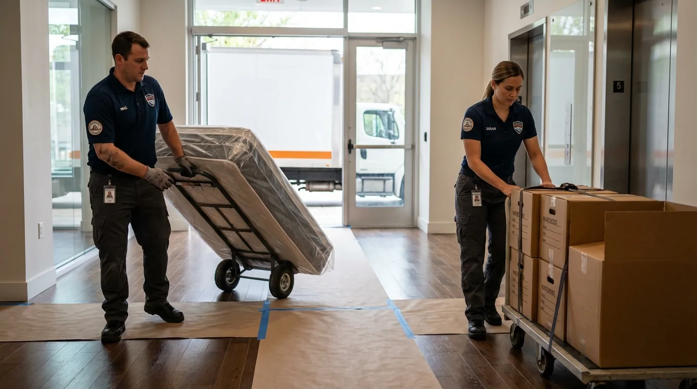 Professional apartment movers loading elevator in Port Jefferson, NY