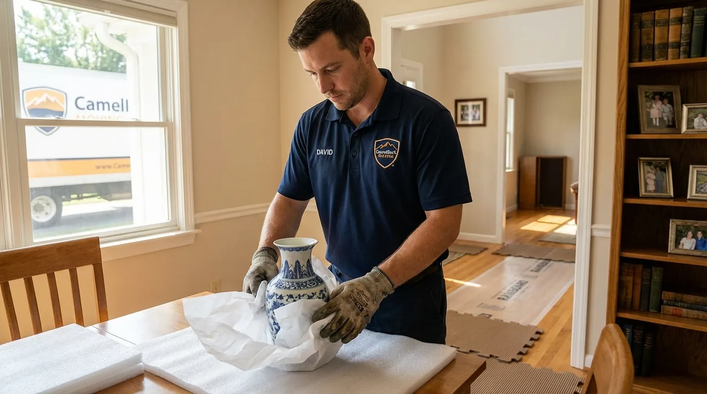 Professional crew carefully wrapping antique vase for senior downsizing move in Port Jefferson, NY